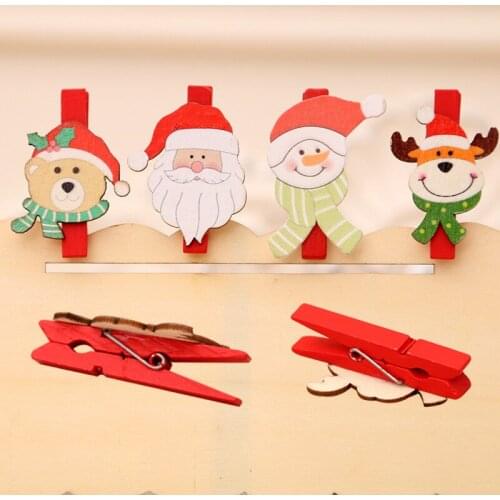 6 pcs Santa Claus Elk Wood Clips Red Christmas Decoration Clip Mini Wooden Photo Paper Peg Pin Craft Clips Kids Gifts