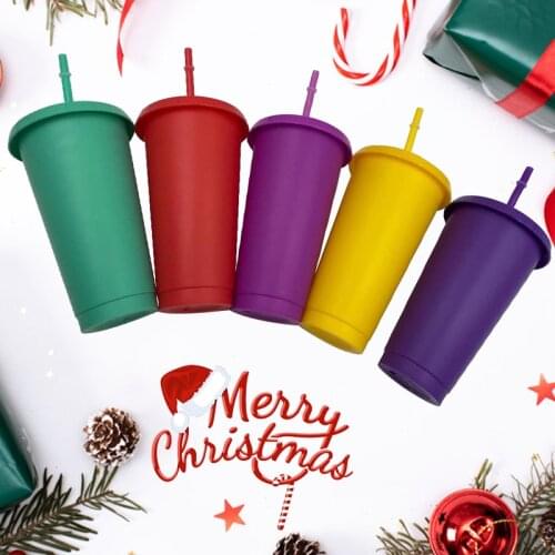 700/473ML Plastic Tumbler Straw Cup Large Capacity Vacuum Solid Color Coffee Mug Multi Color Tumbler Cup Christmas Party Gift