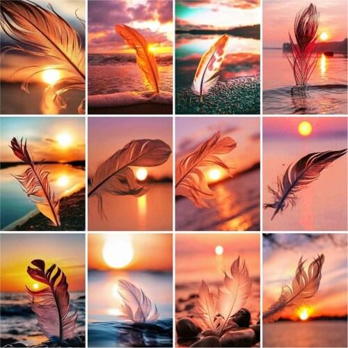 Huacan Diamond Mosaic Full Feather Sunset 5D Diamond Painting With Square Rhinestones Seaside Landscape Needlework Home Decor