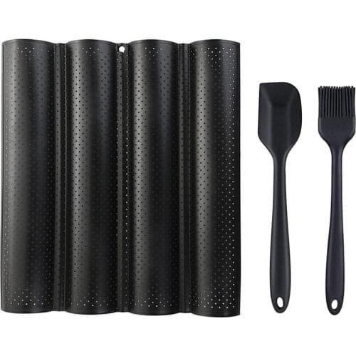 Behogar 4Wave Loaves Loaf Bake Mold Baguette Baking Tray Pan with Silicone Spatula Silicone Brush for Home Kitchen Cooking