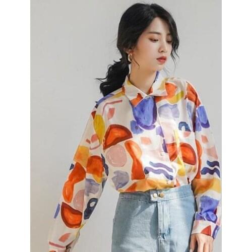 Blouse Women Shirt 2021 Womens Loose Oil Painting Printed Long-Sleeved Top Blusas Mujer De Moda
