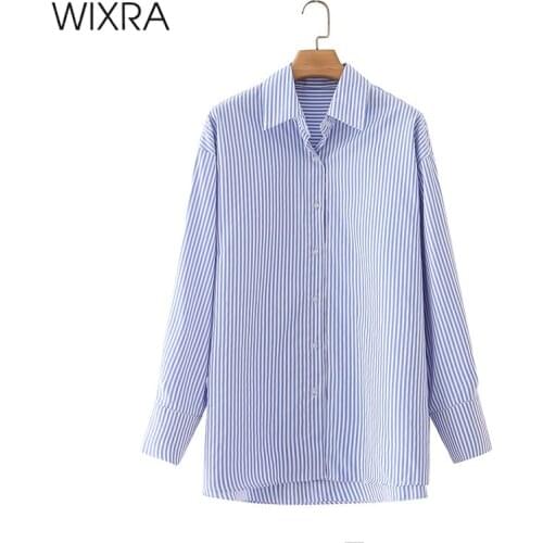 Wixra Women Blue Striped Blouses Tops Turn Down Collar Stylish OL Style Shirts For Female High Street Summer Autumn