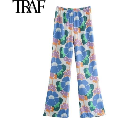 TRAF Women Fashion Floral Print Straight Pants Vintage High Elastic Waist Back Pockets Female Trousers Mujer