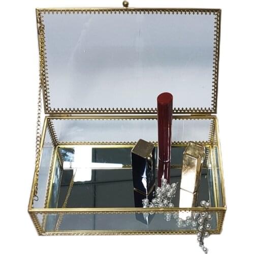 Ornate Gold Brass Vintage Glass Jewelry Box Lace Edged- Rectangle Geometric Jewelry Display Organizer Keepsake Box Case Box