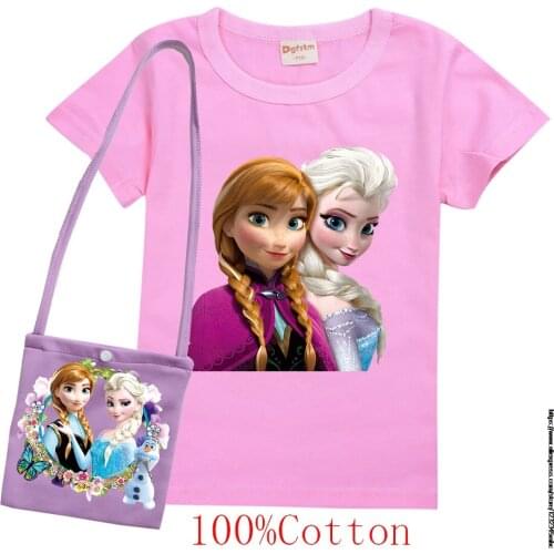 Disney Frozen Elsa Summer Cotton T Shirt+bag for Girl Kids Cartoon Colorful Print Tops Tees Child Baby Short Sleeve Home Clothes