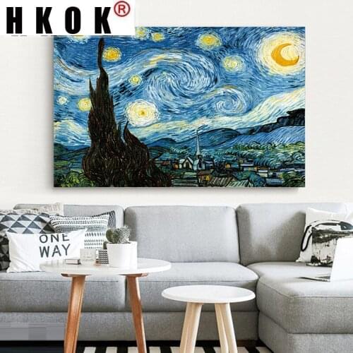 HKOK Elegant Poetry Night Starry Sky Van Gogh Famous Artist Wall Art Print Poster Wall Picture Canvas Painting Sofa Home Decor