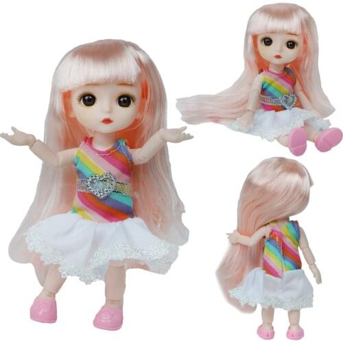 1 Set 16cm Kawaii Girl Doll with Cute Rainbow Dress Pink Shoes 13 Movable Jointed Mini Doll for Girls Kids Toy