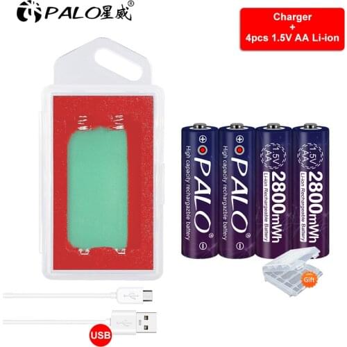 PALO 1.5V AA Li-ion Battery Rechargeable 2800mWh 1.5V lithium Battery + USB charger 2 slots + USB Cable Charger