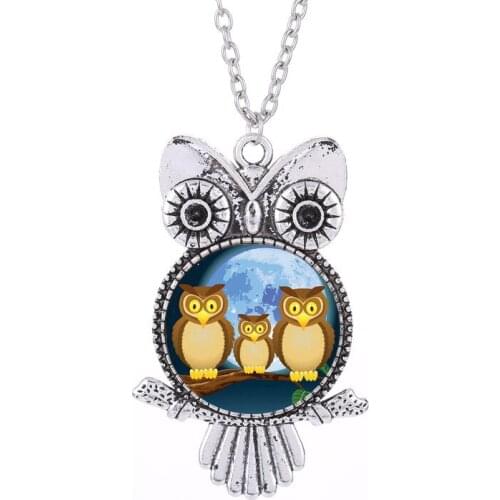Cute Owl Couple Family Round Glass Pendent Necklace Funny Bird Necklace for Women Men Girls Kids Collar Jewelry Gift Wholesale