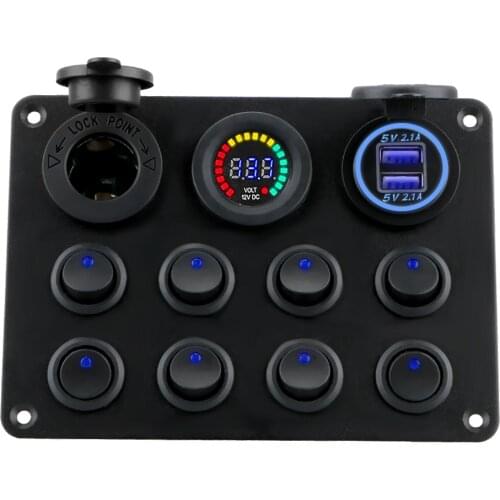 FORAUTO 8 Gang Car Marine LED Rocker Switch Panel Waterproof Circuit Digital Voltmeter Dual USB Port 12-24V Outlet