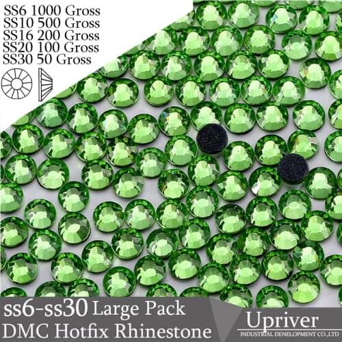 Upriver Wholesale Large Pack Iron On Big Sizes SS6 SS10 SS16 SS20 SS30 Peridot Hotfix Rhinestones For Garment Accessories