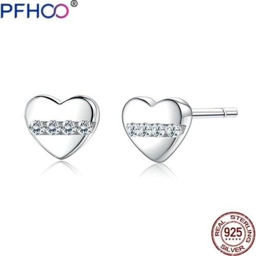 PFHOO Genuine 925 Sterling Silver Cute Heart Earrings For Women Shiny 5A+ Cubic Zirconia Stud Earring Fine Jewelry Gift Hot Sale