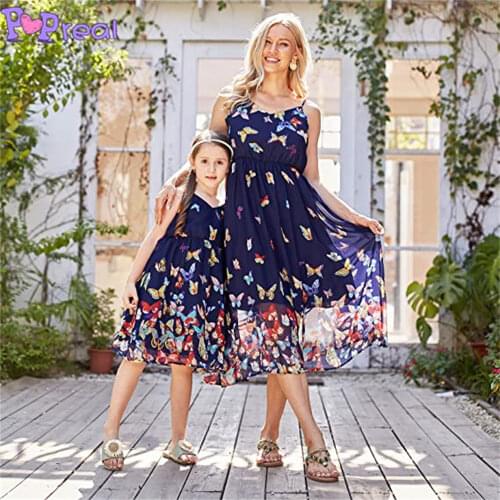 PopReal Summer Mommy And Me Dress Girl Clothes Butterfly Prints Elegant Off-Shoulder V-Neck Mom And Daughter Matching Dresses