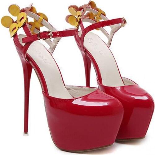 Platform Sandals Women Ankle Strap Patent Leather Pumps High Heels Sandals Round Toe Fashion Super Thin Heel Brand Lady Shoes