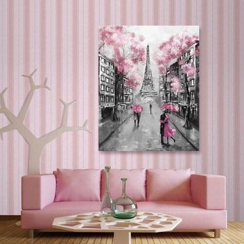 Nordic Pink Rainy Street Scene With Iron Tower Wall Canvas Painting Posters And Prints Wall Pictures For Living Room Decorative