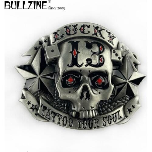 The Bullzine Lucky 13 cool skull belt buckle with pewter finish FP-02790 suitable for 4cm width belt
