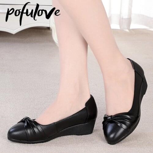 Pofulove Office Shoes Women Wedges Heels Patent Leather Black Shoes Work Ladies Shoes Fashion Designer Elegant Slip on Zapatos