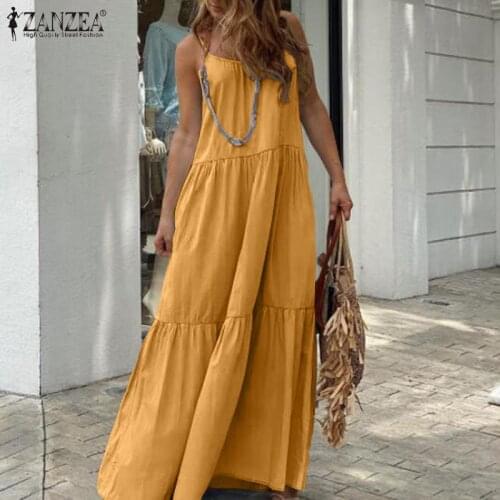 ZANZEA 2021 Bohemian Womens Spaghetti Strap Sundress Summer Solid Ruffle Dress Casual Maxi Vestidos Female Beach Robe