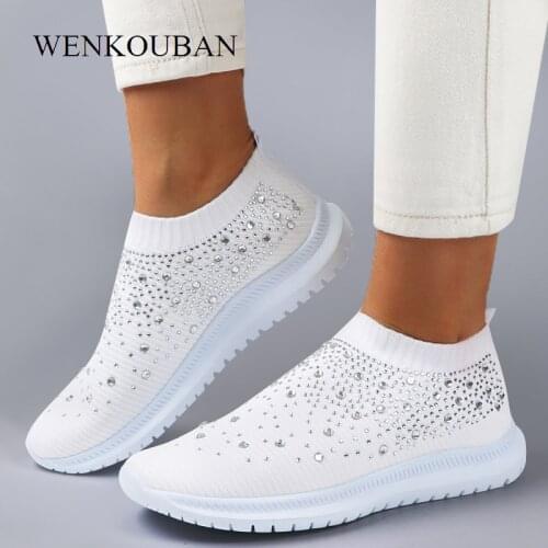Women Sneakers Bling Flats Shoes Ladies Fashion Casual Knitted Sock Sneaker Soft Trainer Shoe Zapatos De Mujer 2021