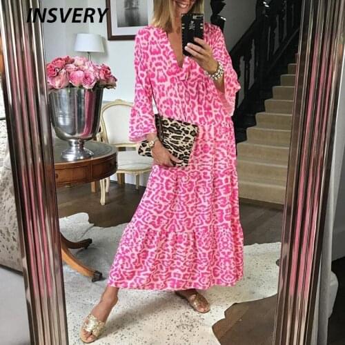 Spring Autumn V Neck Dresses For Women Fashion Long Sleeve Loose Print Dress Women Holiday Style Long Dress Boho Plus Size