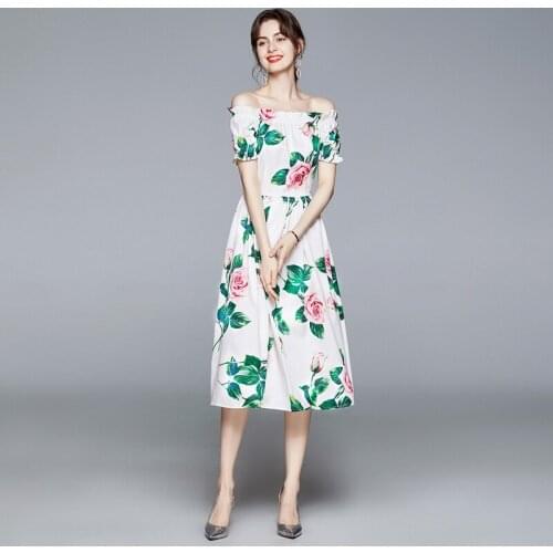 Rose Print Slash Neck Short Sleeve Sexy Dresses For Women 2021 A-Line Knee Length Summer Dresses Elegant Ladies Female Clothing