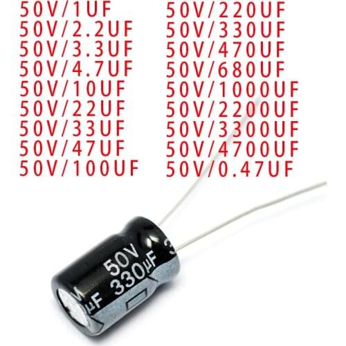 20pcs 6.3v 10v 16v 25v 35v 50v 100v 160v 250v 400v 450v 1 2.2 3.3 4.7 10 22 33 47 100 220 330UF Aluminum electrolytic capacitors