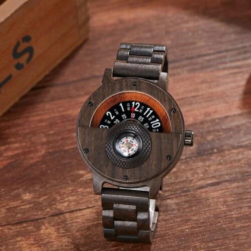 2020 Men Woman Wood Watch Unique Turntable Dial Male Military Watches Compass Quartz Watch With Wooden Band Relogio De Madeira