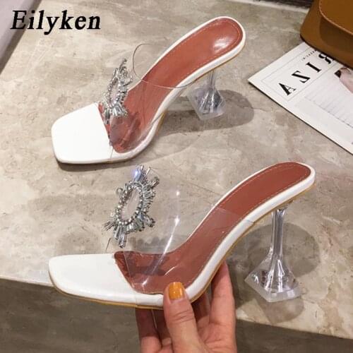 Eilyken PVC Transparent Summer Slippers Women Square Toe Slides New Sunflower Crystal Sandals Clear Perspex High Heels Shoes