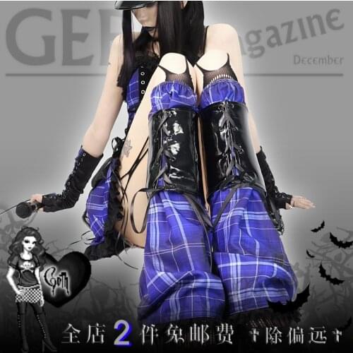 Original Design Japanese Patent Leather lace-up Blue Plaided Gothic Punk Leg Warmer Two-Piece Foot Sock Knee sleeve