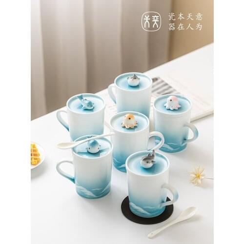 Mug Whale Cute Girl Girl Super Cute Creative Ceramic Coffee Cup Household with Cover Spoon