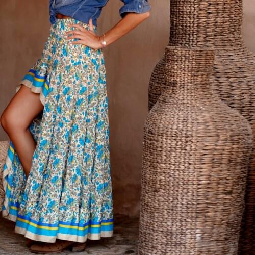 Fashion Womens Sexy Floral Print Holiday Beach Irregular Skirt Long Skirt Neck High Waist Elegant Lace-up Jumpsuit Romper#T2