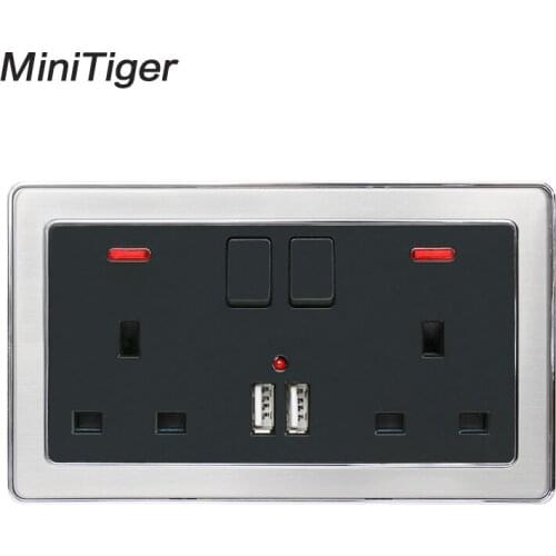 Minitiger Wall Power Socket Double UK Standard Socket With Neon 2.1A Dual USB Charger Port Stainless Steel Frame Black Outlet