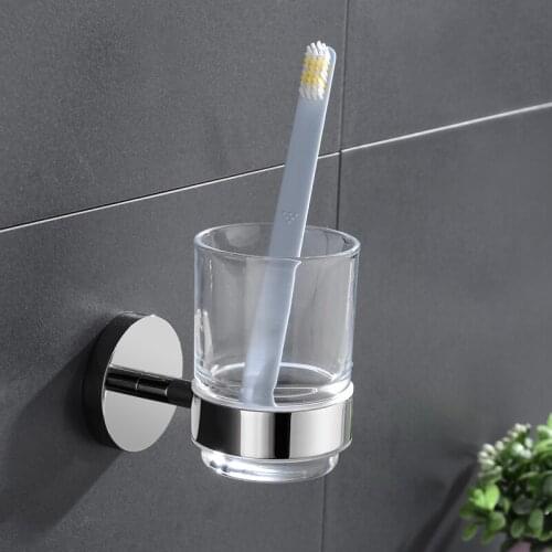 Polish Hotel Home Accessories Toothbrush Holder with Glass Cup Stainless Steel Wall Mounted Bathroom Appliance