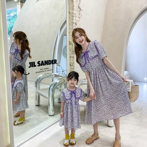 Mother Daughter Matching Clothes Dresses Summer New Family Matching Outfits Cute Floral Big Lapel Korean Dress For Mom And Girls
