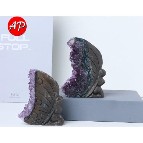 Natural Purple Gem Sculpture Raw Amethyst Butterfly Girl Crystal Cluster Decorate Hand Carved For Gifts