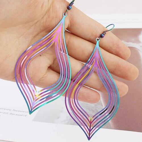 Korean Hollow Rhombus Leaf Drop Dangle Earrings For Women Girls Fashion Big Stainless Steel Metal Statement Hanging Earring 2020