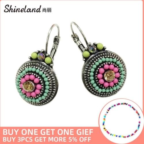 Shineland Vintage Trendy 2 Brincos Lady Ful Beads Charms Luckly Rhinestones Ethnic Clip On Earrings For Women Statement Jewelry