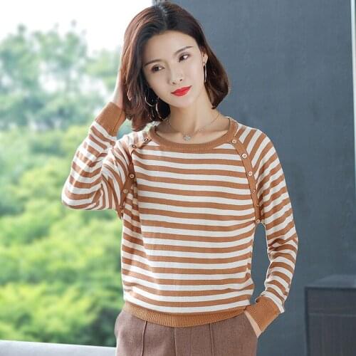 Autumn Spring Sweater Women Striped Round Collar Button Jumper Tops Long Sleeve Loose Large Size Bottom Knitted Sweaters H9262