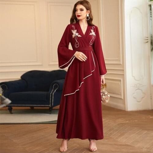 Wine Red Fur Ball Pearl Diamond Decorations Long Sleeve Dress Middle East Ethnic Dress