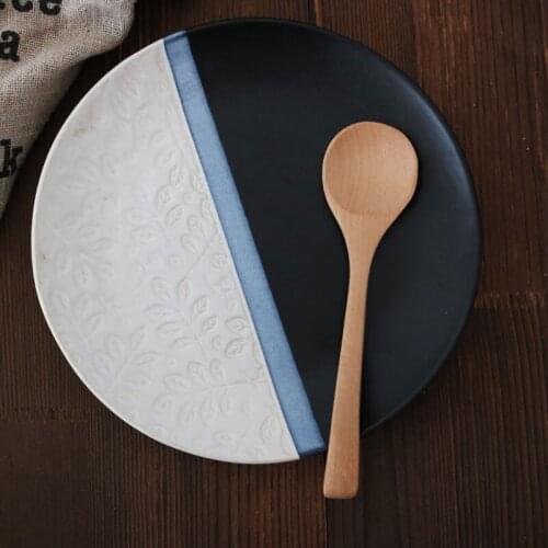 High Temperature Ceramic Variable Glaze Double Patchwork White Relief Leaves Black Matte Creative Plate