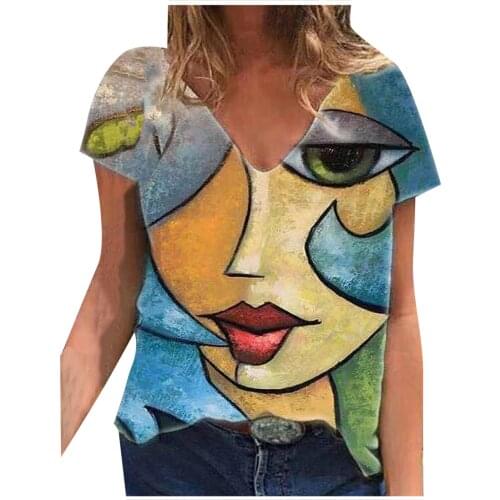Women Summer Fashion Cartoon Women Face Printed Casual Zipper Vest Sleeveless T-shirt Plus Size Blouse Tops