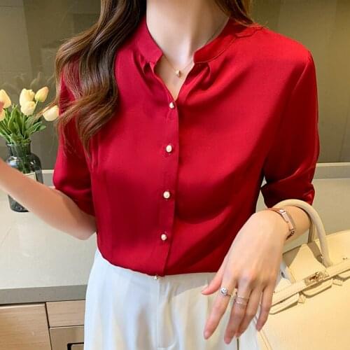 Red Shirt Female 2021 Summer Short Sleeve Ladies Tops Dropshipping Elegantes Fashion Women Clothing Solid Button Up Shirts 1111