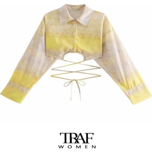 TRAF Za Women Fashion With Tied Tie dye Print Cropped Blouses Vintage Lapel Collar Long Sleeve Female Shirts Chic Tops