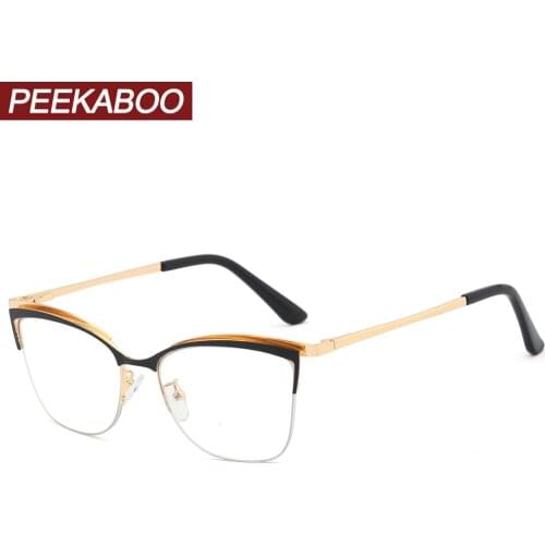 Peekaboo half frame square glasses female cat eye metal gold pink computer spectacles women blue light blocking clear lens