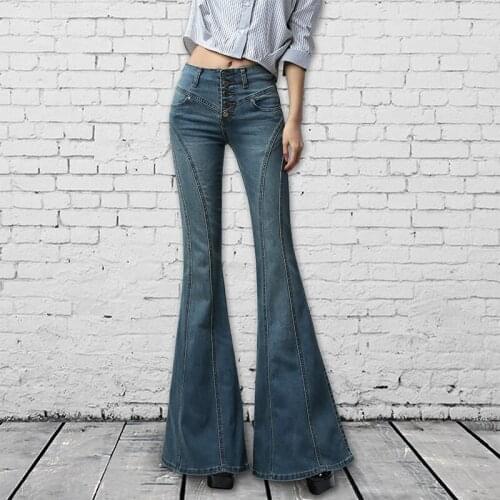 Vintage Plus Size Black Blue Flare Jeans Women Long Bell-Bottoms Jeans Spring Autumn Female Wide Leg Pants Trousers