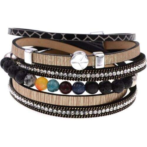 Women bracelet bohemia leather bracelets for women stone beads wrap barcelet Magnetic Clasp bracelet fashion Female Jewelry
