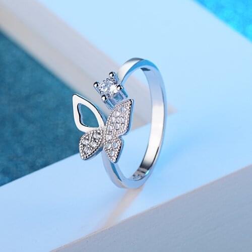 RYOUCUTE Real Pure Silver Color CZ Zirconia Butterfly Rings for Women Wedding Adjustable Finger Ring Statement Jewelry