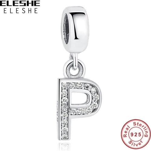 100% Sterling Silver Letter Beads Alphabet P CZ Crystal Charm Fit Bracelet Silver 925 Original DIY Jewelry Making