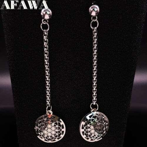 2021 Fashion Long Stainless Steel Earrings Women Jewelry Silver Color Flower of Life Stud Earrings Jewellry pendiente E1404S01