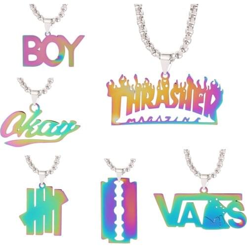 2021 Fashion Street Style Hip Hop Stainless Steel Flame Pendant Magazine OKAY BOY Letter Quenched Necklace For Women Men Jewelry